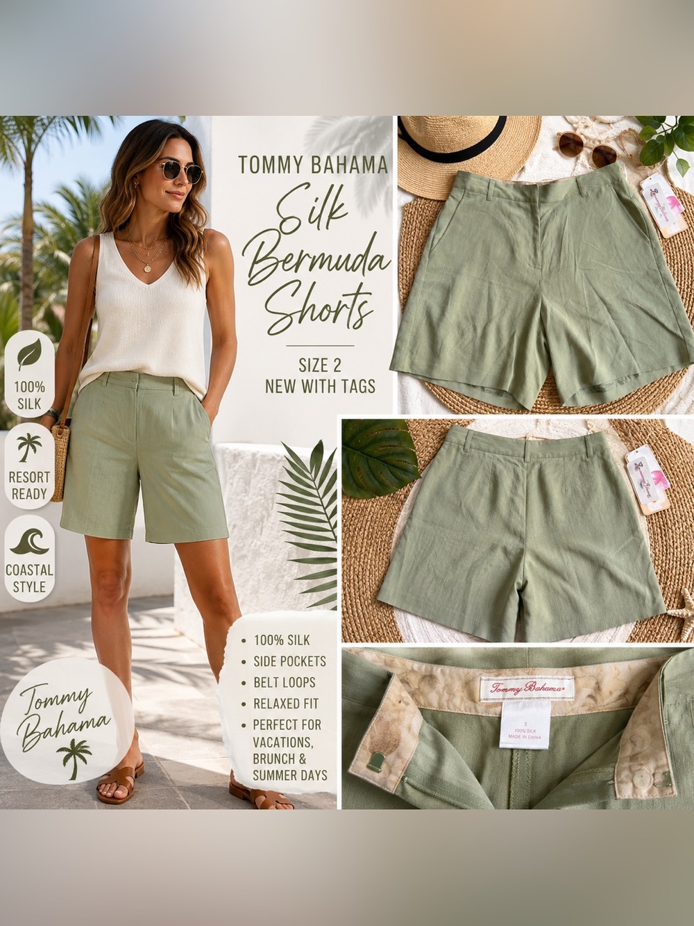 Tommy Bahama 100% Silk Sage Green Bermuda Shorts Size 2 NWT Resort Vacation
